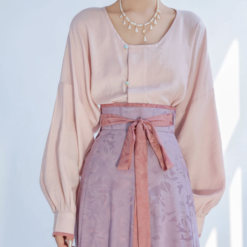 Celadon-Dyed Contrast Colors, Multicolor Tang-Style Hanfu Jacquard Pleated Skirt & Modern Round-Neck Top, Original Guofeng by Ni Meng