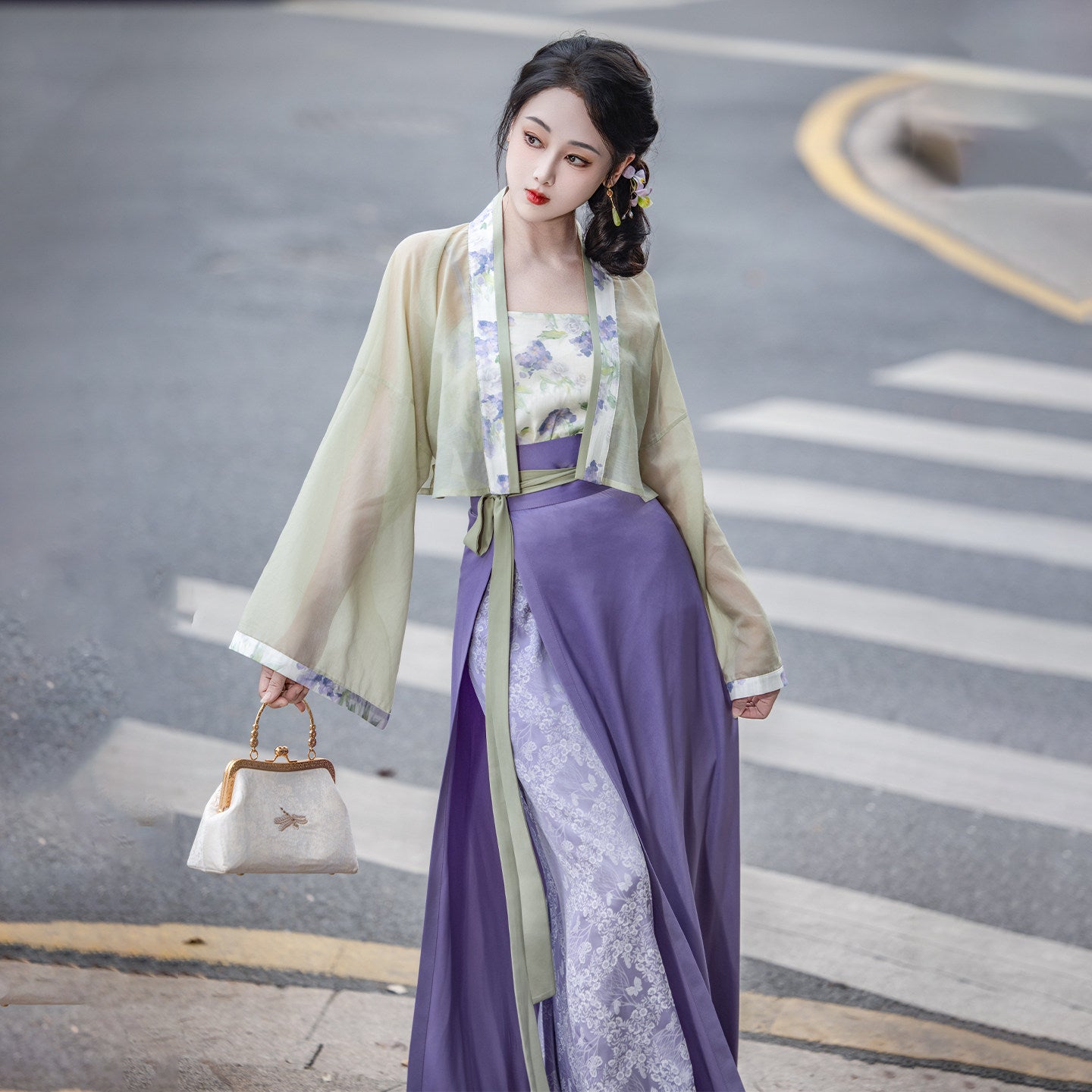 Dream Green Grape Jasmine - Chinese Tencel Jacquard Song-style Hanfu Wrap Skirt, Green & Purple, Spring/Autumn, Women's