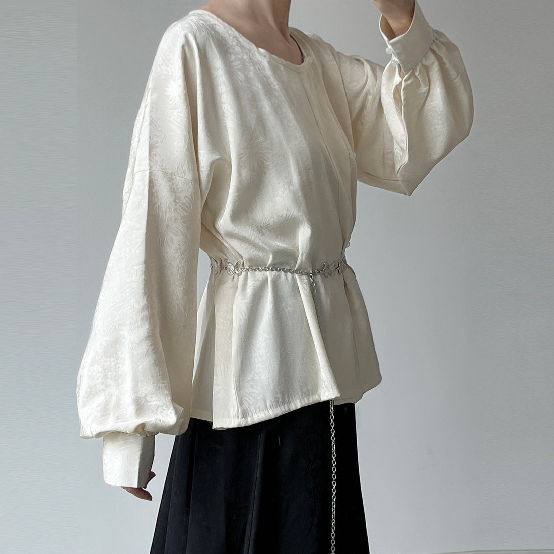 Dark Sleeve Fragrance [Epiphyllum] Hanfu Women Modified Tang-style Round Collar Top w/ Shadow Jacquard & Eight-Panel Skirt