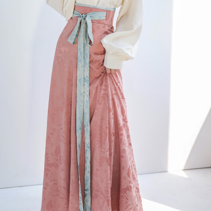 Celadon-Dyed Contrast Colors, Multicolor Tang-Style Hanfu Jacquard Pleated Skirt & Modern Round-Neck Top, Original Guofeng by Ni Meng