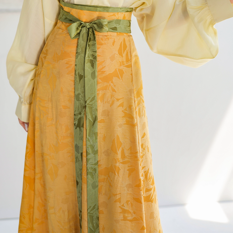 Dreamy Cyan Glaze Original Tang-Style Modified Round-Neck Top & Split Skirt Daily Hanfu, Goose Yellow Jacquard Solid