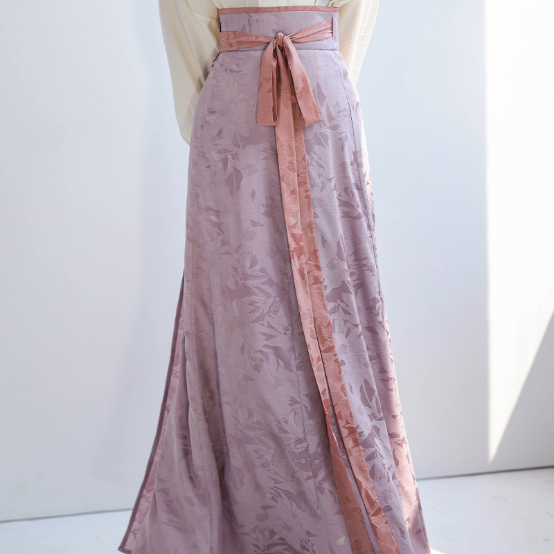 Celadon-Dyed Contrast Colors, Multicolor Tang-Style Hanfu Jacquard Pleated Skirt & Modern Round-Neck Top, Original Guofeng by Ni Meng