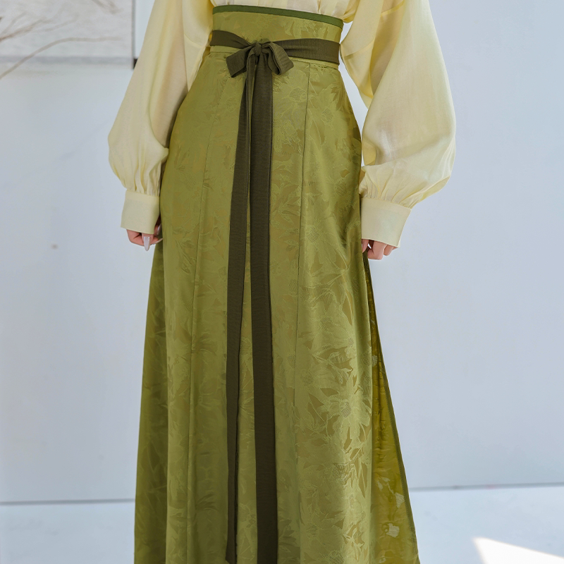 Dreamy Blue Glaze Dye - Original Tang Modified Round Collar Top & Pleated Skirt, Daily Hanfu, Pink & Blue Jacquard & Solid