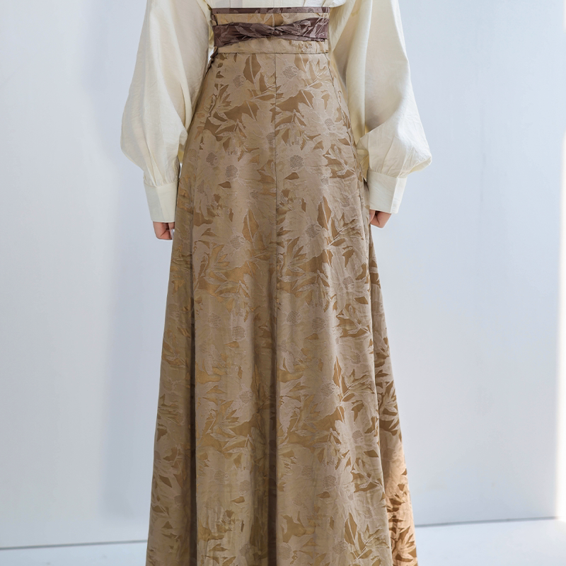 Celadon-Dyed Contrast Colors, Multicolor Tang-Style Hanfu Jacquard Pleated Skirt & Modern Round-Neck Top, Original Guofeng by Ni Meng