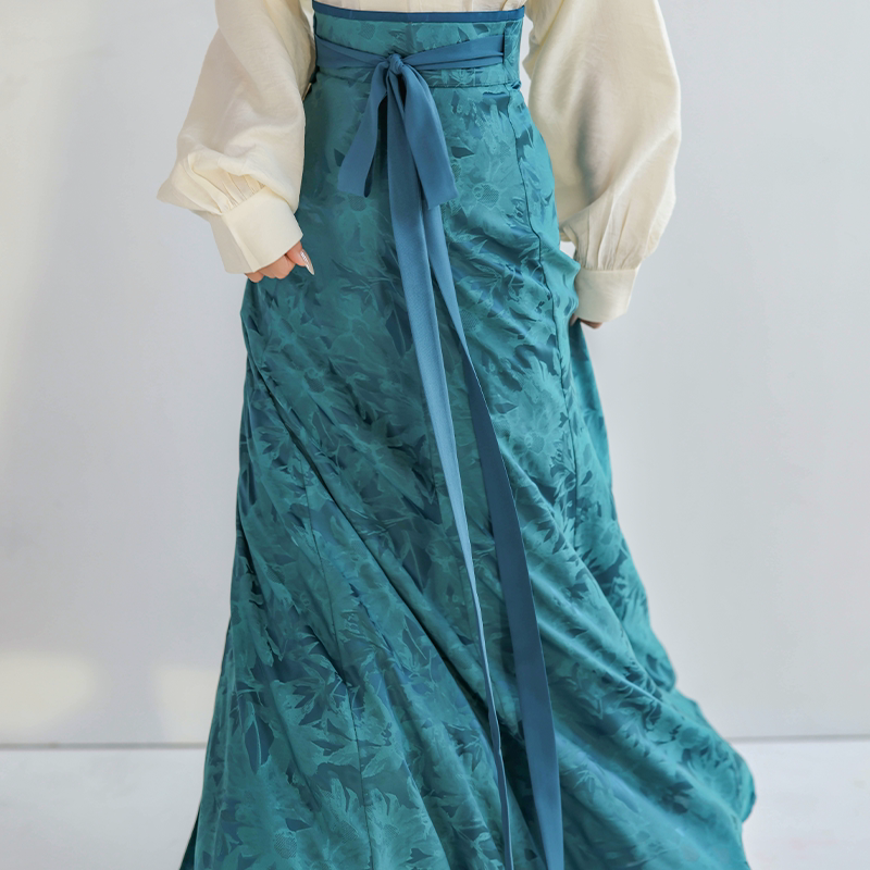 Celadon-Dyed Contrast Colors, Multicolor Tang-Style Hanfu Jacquard Pleated Skirt & Modern Round-Neck Top, Original Guofeng by Ni Meng