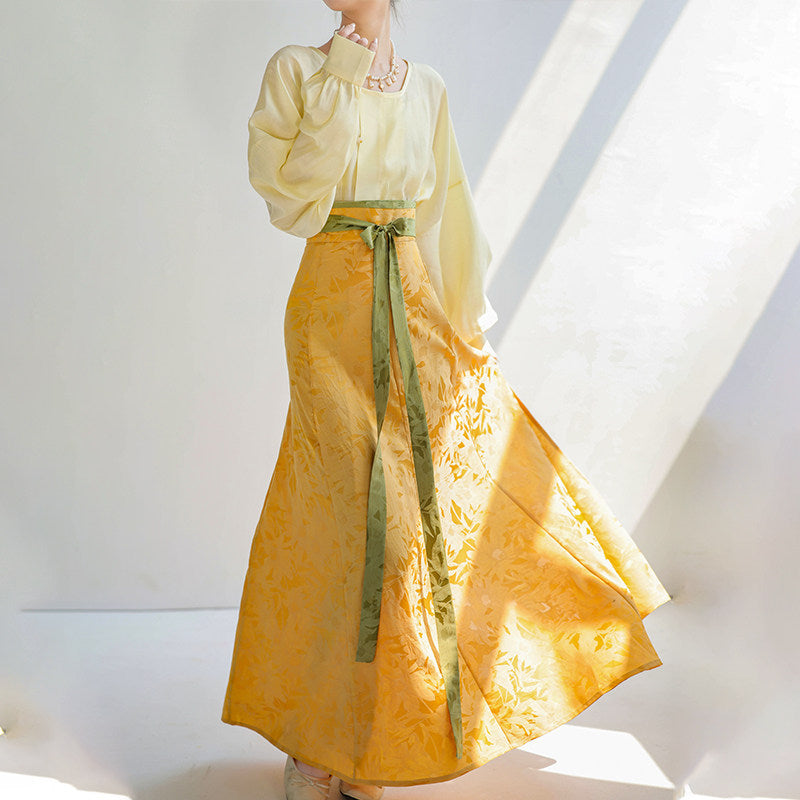 Dreamy Cyan Glaze Original Tang-Style Modified Round-Neck Top & Split Skirt Daily Hanfu, Goose Yellow Jacquard Solid