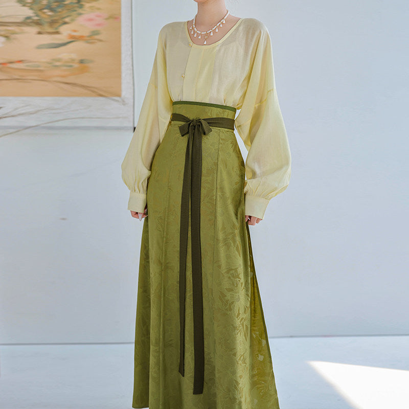 Dreamy Blue Glaze Dye - Original Tang Modified Round Collar Top & Pleated Skirt, Daily Hanfu, Pink & Blue Jacquard & Solid