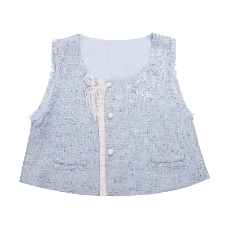 Dreamy Sea Salt Magnolia Forest-Style Lace Tiered Skirt, Fresh Everyday Shirt & Embroidered Vest, Elegant Original Design