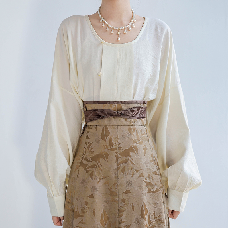 Celadon-Dyed Contrast Colors, Multicolor Tang-Style Hanfu Jacquard Pleated Skirt & Modern Round-Neck Top, Original Guofeng by Ni Meng