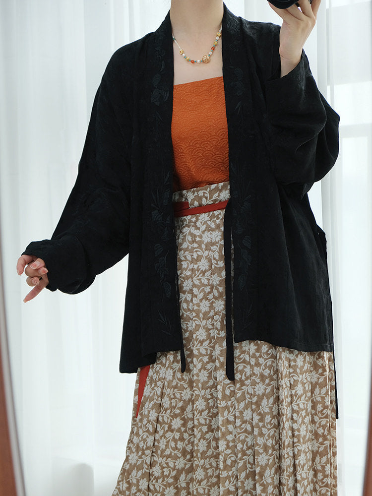 An Xiu Ying Xiang[Rose] Original Hanfu Song-style Cross-collar Airplane Sleeve Short Top Modified Han Elements Rayon Jacquard Autumn