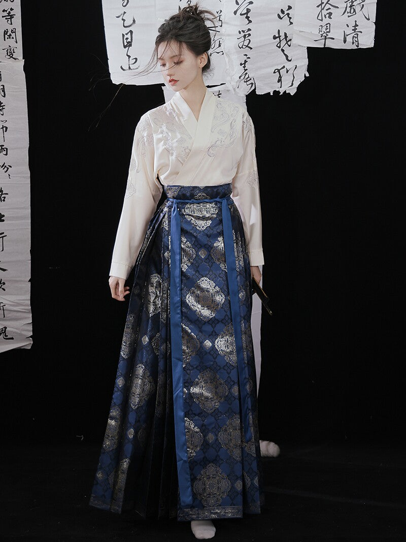 Anxiu Yingxiang Original [Hundred Blessings] Ming-style Hanfu Plane-sleeve Short Jacket & Gold Brocade Mamianqun - Women's Spring/Summer Daily