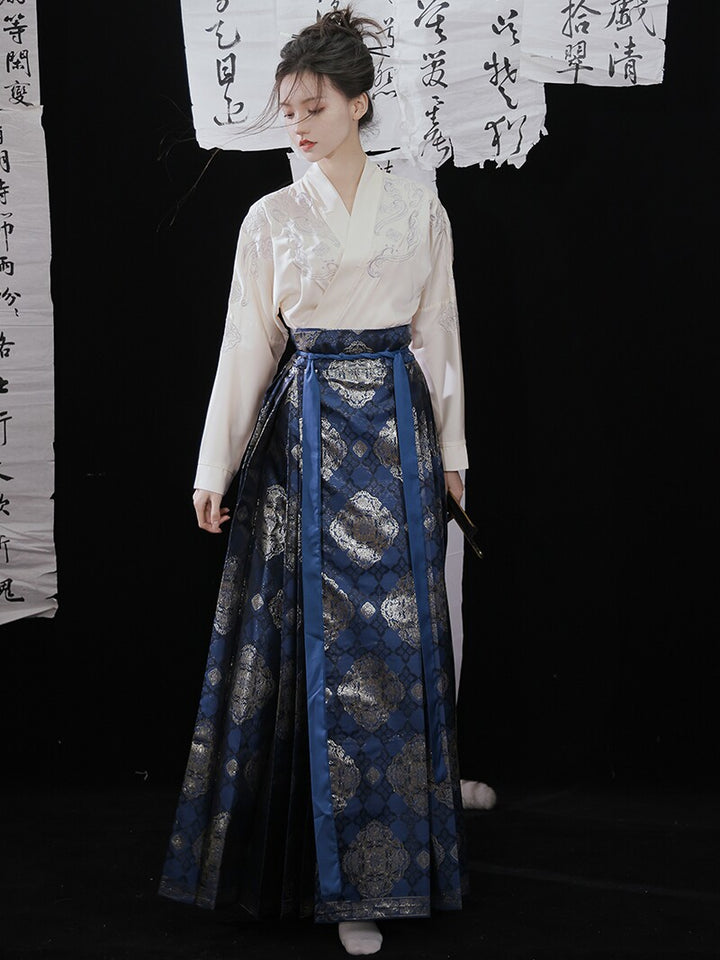 Anxiu Yingxiang Original [Hundred Blessings] Ming-style Hanfu Plane-sleeve Short Jacket & Gold Brocade Mamianqun - Women's Spring/Summer Daily