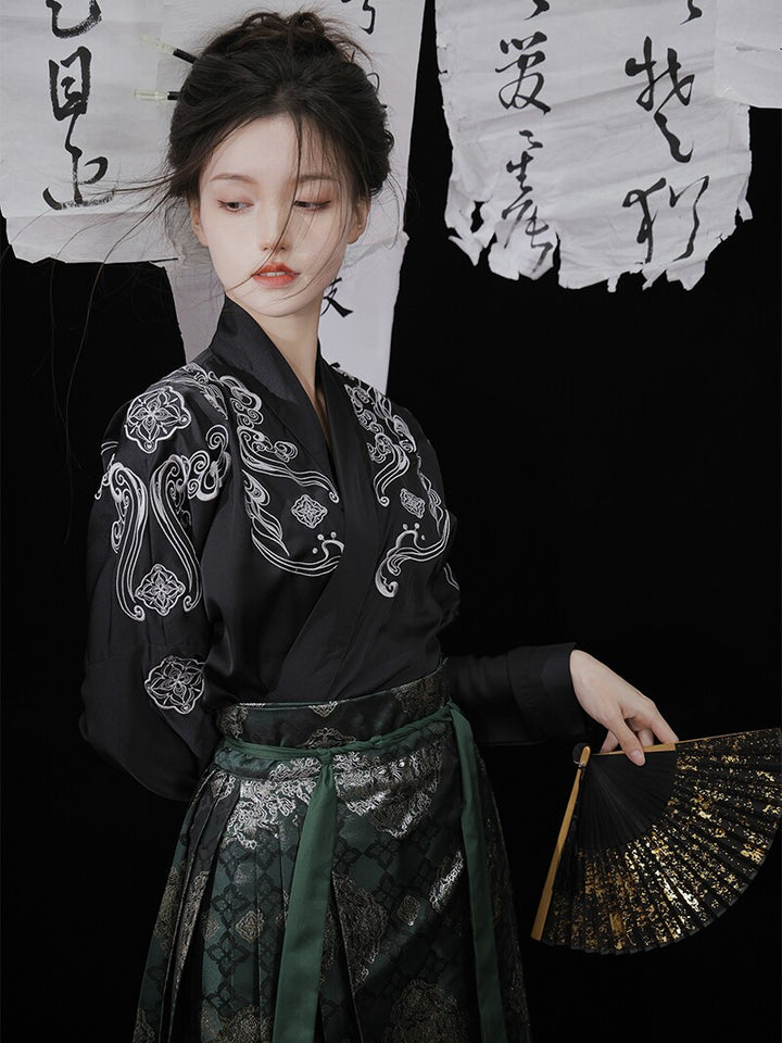 Anxiu Yingxiang Original [Hundred Blessings] Ming-style Hanfu Plane-sleeve Short Jacket & Gold Brocade Mamianqun - Women's Spring/Summer Daily