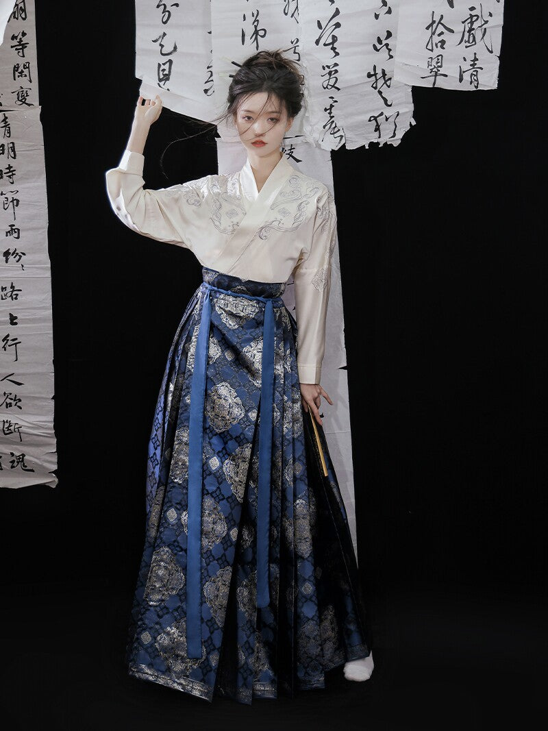 Anxiu Yingxiang Original [Hundred Blessings] Ming-style Hanfu Plane-sleeve Short Jacket & Gold Brocade Mamianqun - Women's Spring/Summer Daily