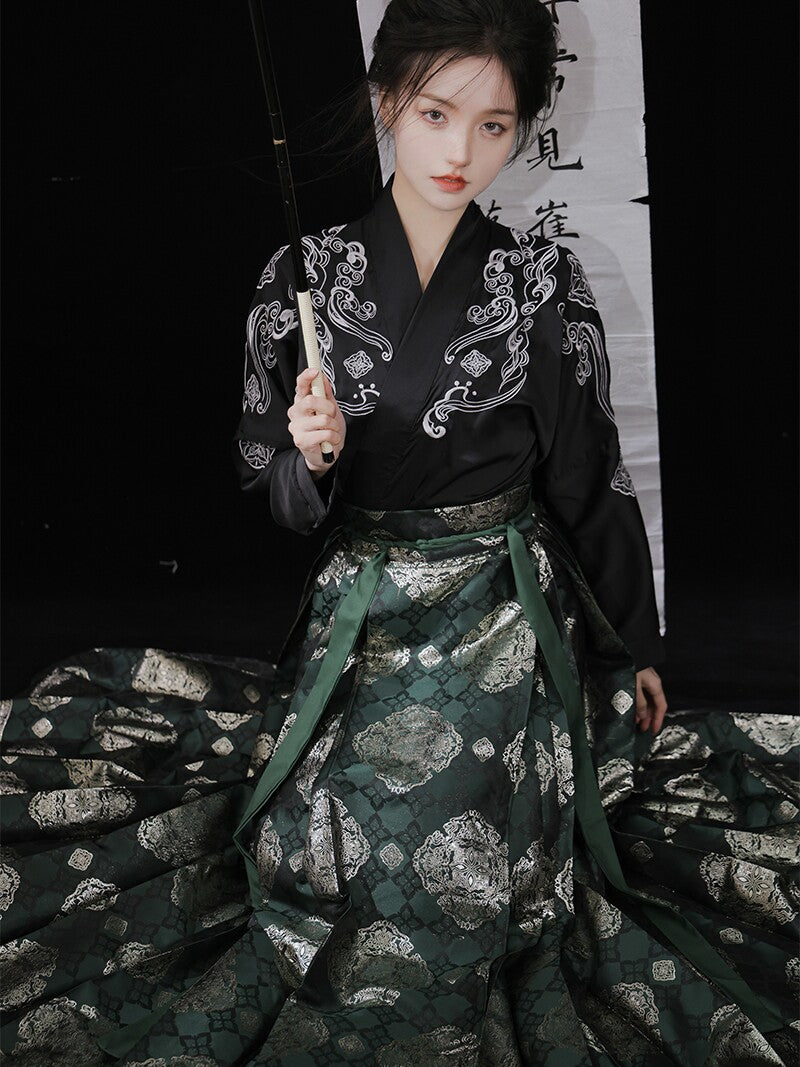 Anxiu Yingxiang Original [Hundred Blessings] Ming-style Hanfu Plane-sleeve Short Jacket & Gold Brocade Mamianqun - Women's Spring/Summer Daily