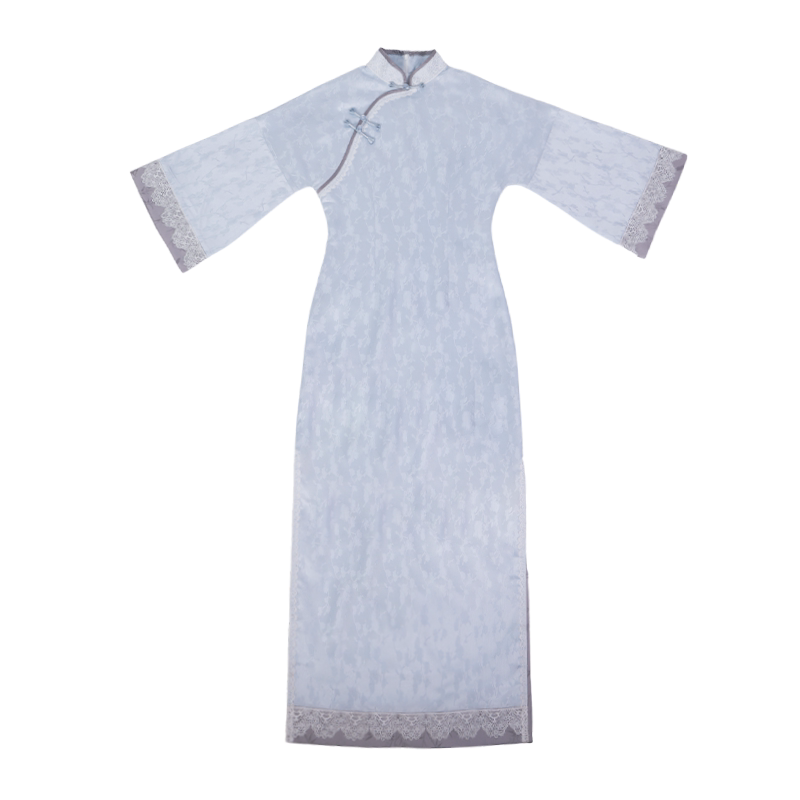Snowy Dream Original Modern Qipao with Wide Sleeves, Faux Song Brocade Vest, Cool Blue-Gray Lace, Spring/Fall Style
