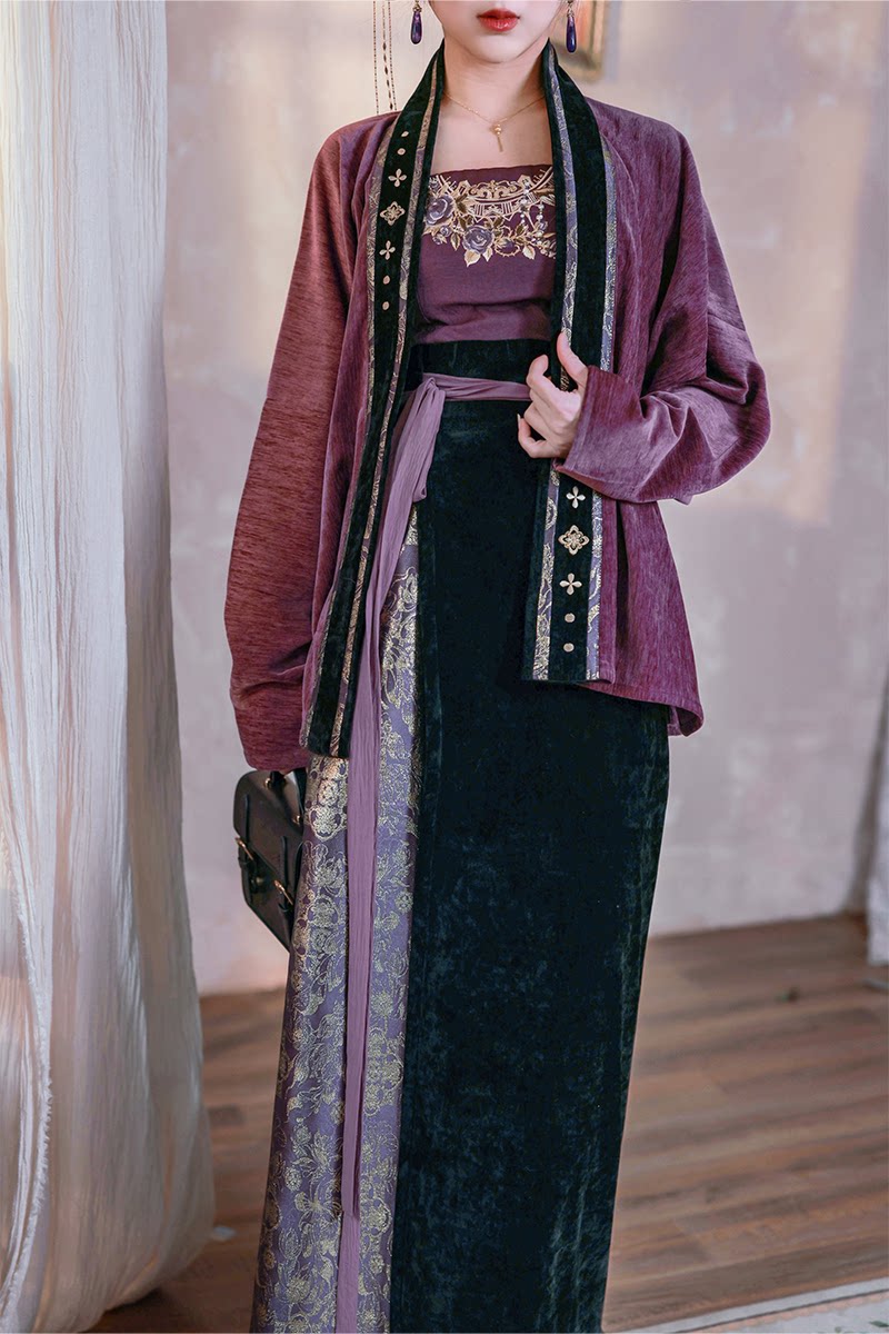 Dreamlike Dusk Mountain Purple Original Hanfu Song-Style Batwing Sleeve Wrap Skirt, Spring/Fall Chenille Embroidery & Gold Brocade, Elegant Everyday Wear