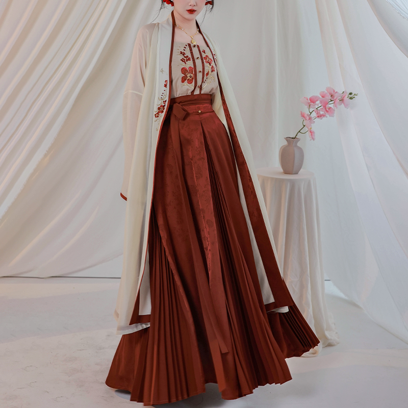 Nimeng Chiyu Zhan Original Modified Hanfu Song-style Long Robe & Pleated Skirt Set - Dark Red, Daily Commute, Morning Robe, Wedding Toast Dress
