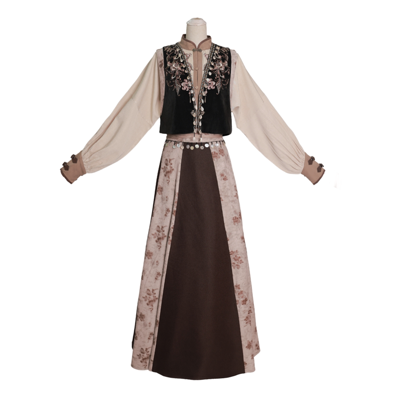 Dreamlike Frontier-Inspired Outfit, Modern Tang Vest, Color-Blocked Flared Skirt, Embroidered Mandarin-Collar Blouse, Ethnic Boho Style