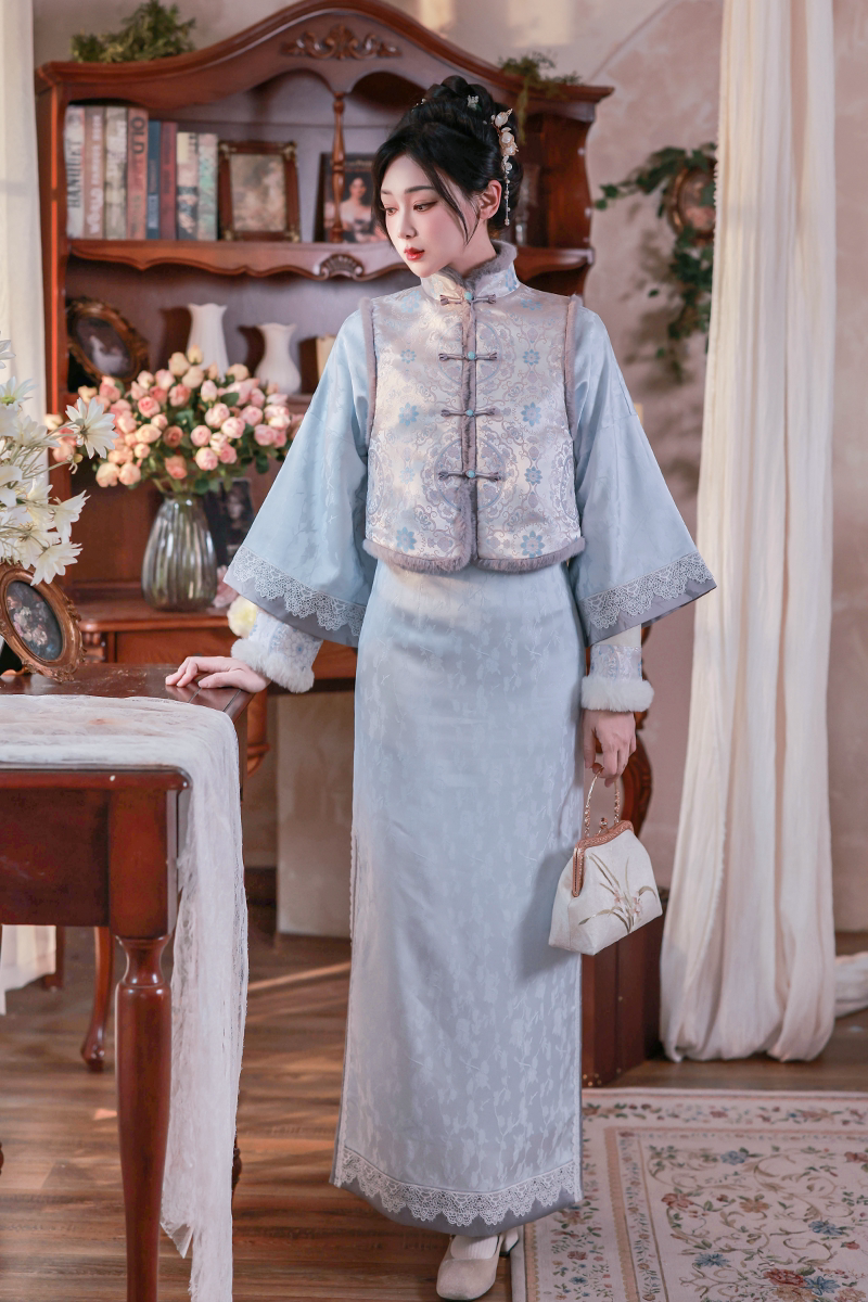 Snowy Dream Original Modern Qipao with Wide Sleeves, Faux Song Brocade Vest, Cool Blue-Gray Lace, Spring/Fall Style