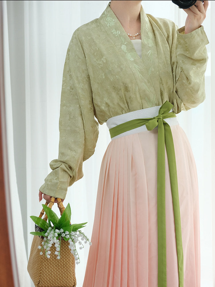 An Xiu Ying Xiang[Rose] Original Hanfu Song-style Cross-collar Airplane Sleeve Short Top Modified Han Elements Rayon Jacquard Autumn