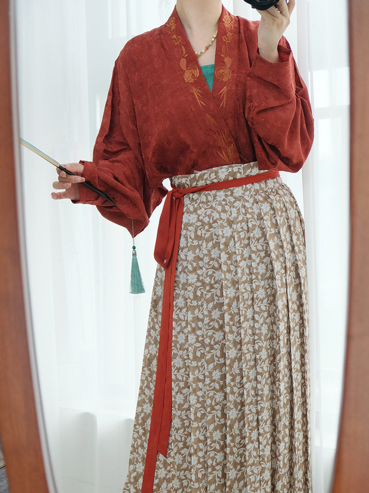 An Xiu Ying Xiang[Rose] Original Hanfu Song-style Cross-collar Airplane Sleeve Short Top Modified Han Elements Rayon Jacquard Autumn