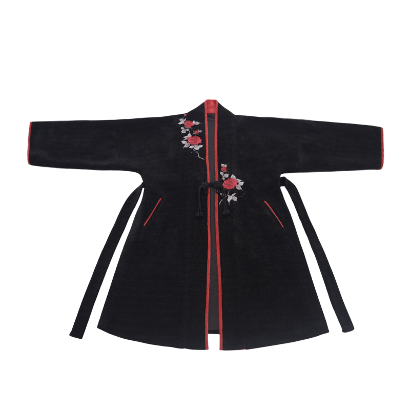 Dreaming Winter Cinnabar Beauty Mark Original Hanfu Song-Style Cross-Collar Long Jacket, Knit Batwing Sleeves, Faux Brocade & Kingfisher-Feather Mamian Skirt