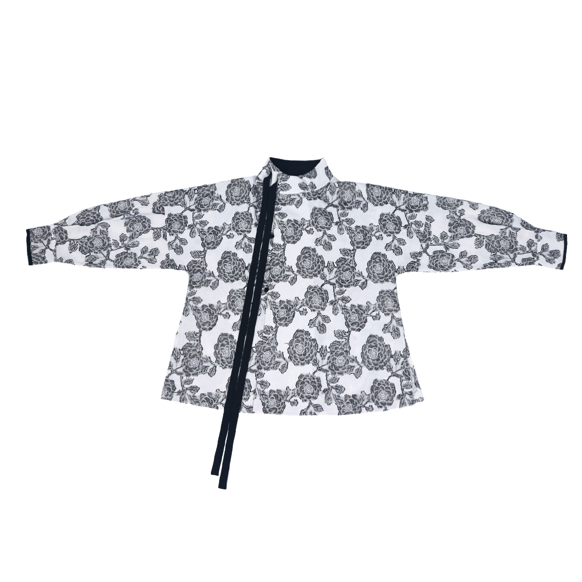 NIMENG [Floral Ink] Orig Tang-Style Poqun Han-Inspired Cotton-Linen High-Collar Shirt S/S Commute Smart Black & White