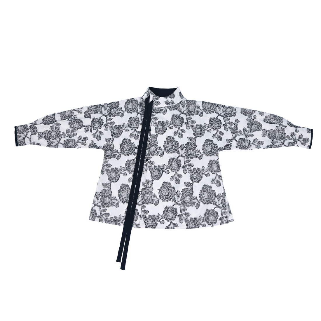 NIMENG [Floral Ink] Orig Tang-Style Poqun Han-Inspired Cotton-Linen High-Collar Shirt S/S Commute Smart Black & White