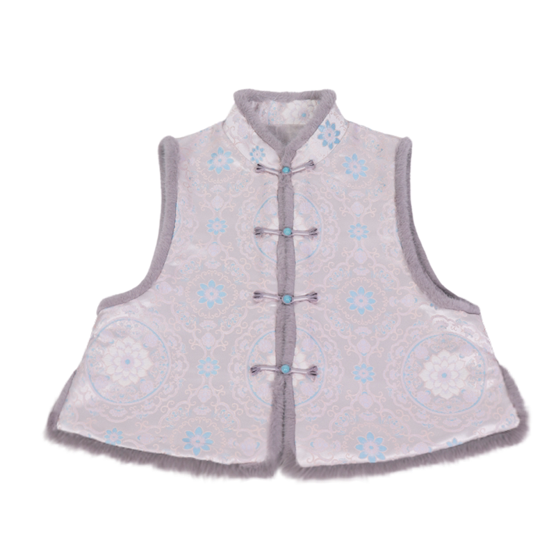 Snowy Dream Original Modern Qipao with Wide Sleeves, Faux Song Brocade Vest, Cool Blue-Gray Lace, Spring/Fall Style