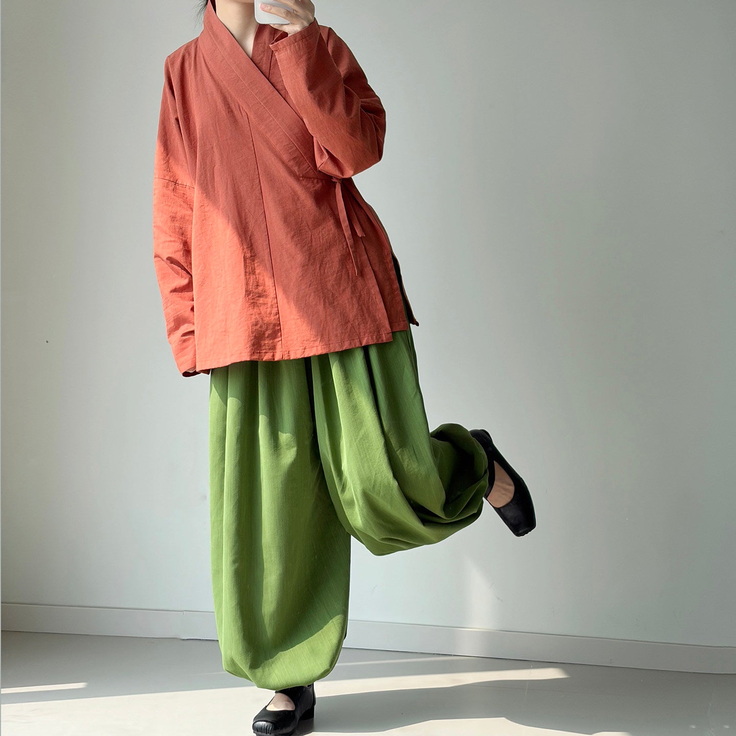 Dark Sleeve Fragrance Ming-style Cross-collar Hanfu Narrow-sleeve Short Top, Solid Cotton, Horizontal Collar, Long Sleeves, Daily Commute & Work