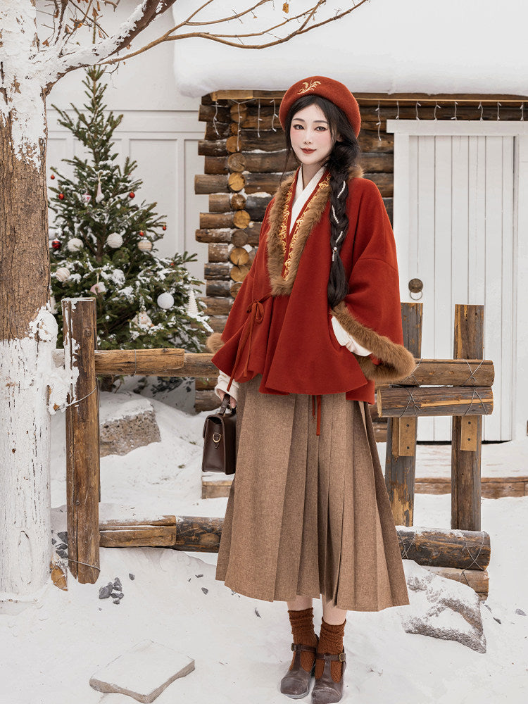 Ni Meng Sui Sui Original Ming-Style Cross-Collar Half-Sleeve Jacket, Embroidered Wool Blend, Fall & Winter New Year Hanfu Outerwear