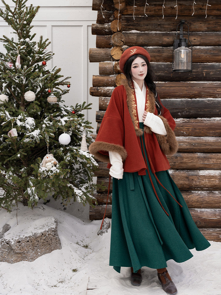 Ni Meng Sui Sui Original Ming-Style Cross-Collar Half-Sleeve Jacket, Embroidered Wool Blend, Fall & Winter New Year Hanfu Outerwear