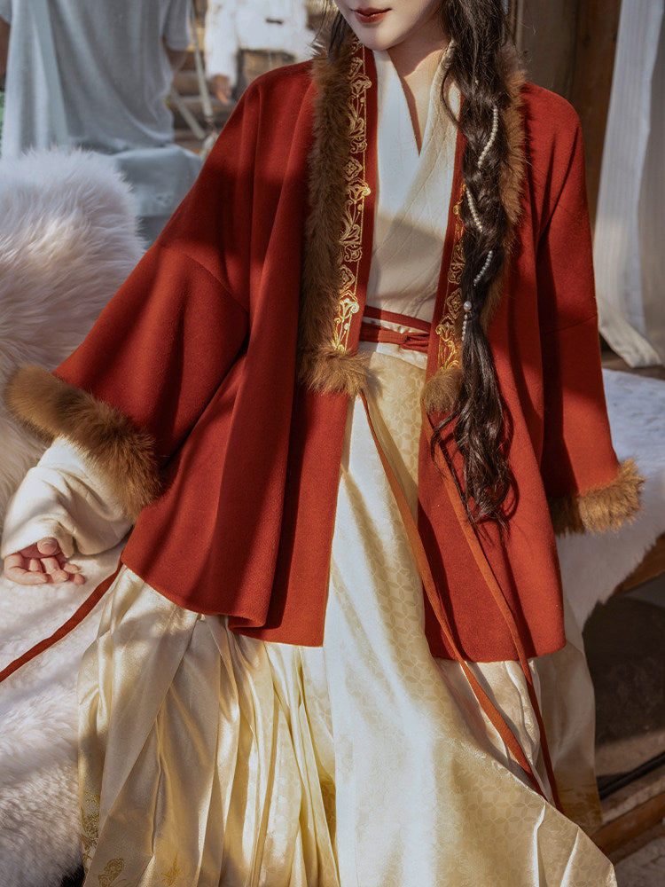 Ni Meng Sui Sui Original Ming-Style Cross-Collar Half-Sleeve Jacket, Embroidered Wool Blend, Fall & Winter New Year Hanfu Outerwear