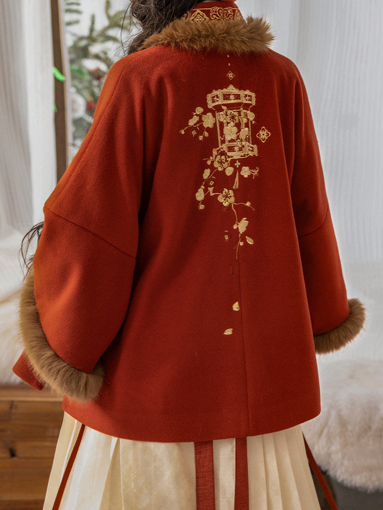 Ni Meng Sui Sui Original Ming-Style Cross-Collar Half-Sleeve Jacket, Embroidered Wool Blend, Fall & Winter New Year Hanfu Outerwear
