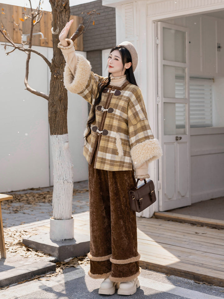 Dreamlike After Class Ming-Style Square-Neck Half-Sleeve Knit Top & Fuzzy Plaid Wide-Leg Pants, Casual Hanfu-Inspired Outfit