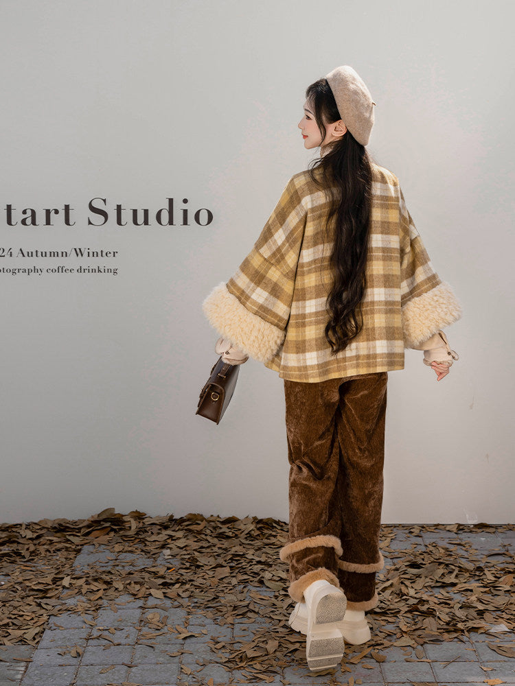 Dreamlike After Class Ming-Style Square-Neck Half-Sleeve Knit Top & Fuzzy Plaid Wide-Leg Pants, Casual Hanfu-Inspired Outfit