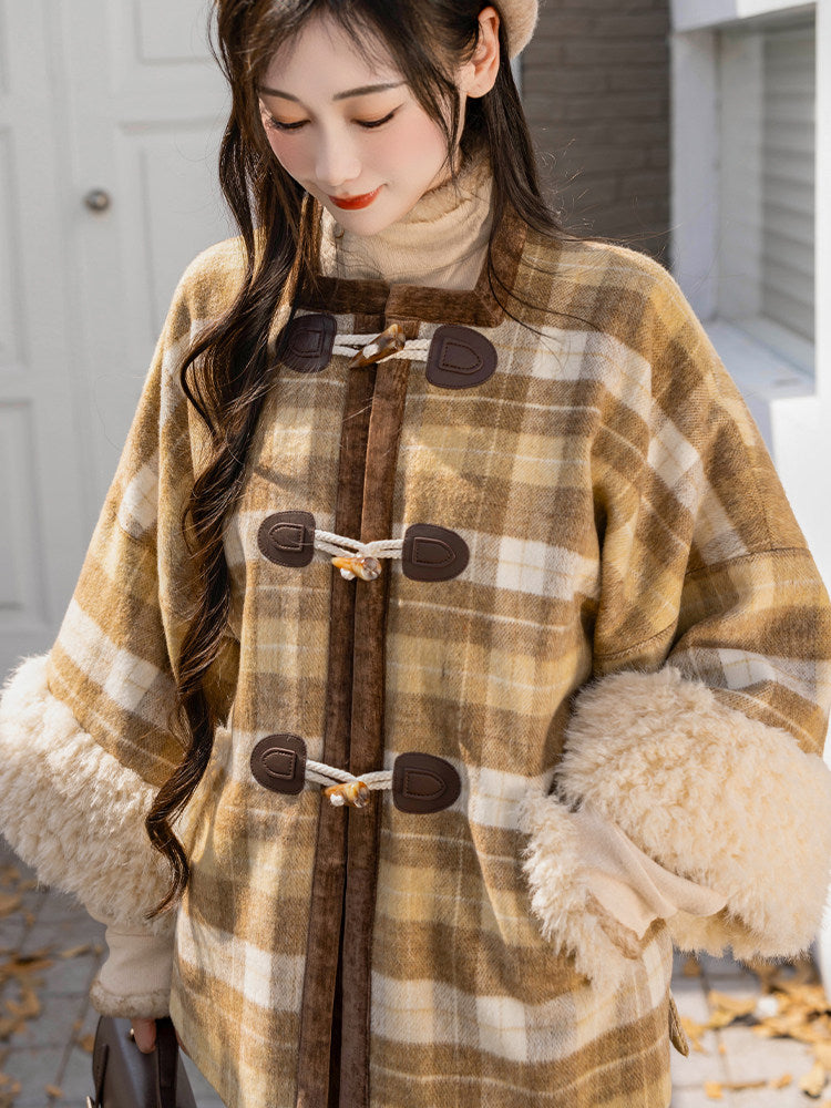 Dreamlike After Class Ming-Style Square-Neck Half-Sleeve Knit Top & Fuzzy Plaid Wide-Leg Pants, Casual Hanfu-Inspired Outfit