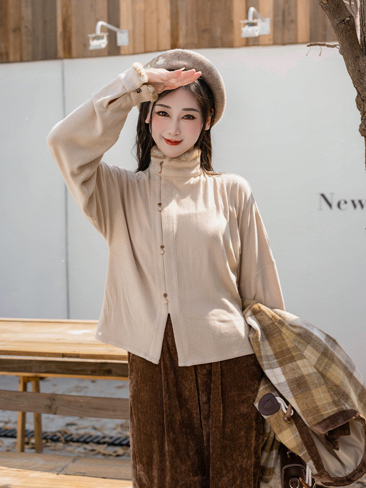 Dreamlike After Class Ming-Style Square-Neck Half-Sleeve Knit Top & Fuzzy Plaid Wide-Leg Pants, Casual Hanfu-Inspired Outfit