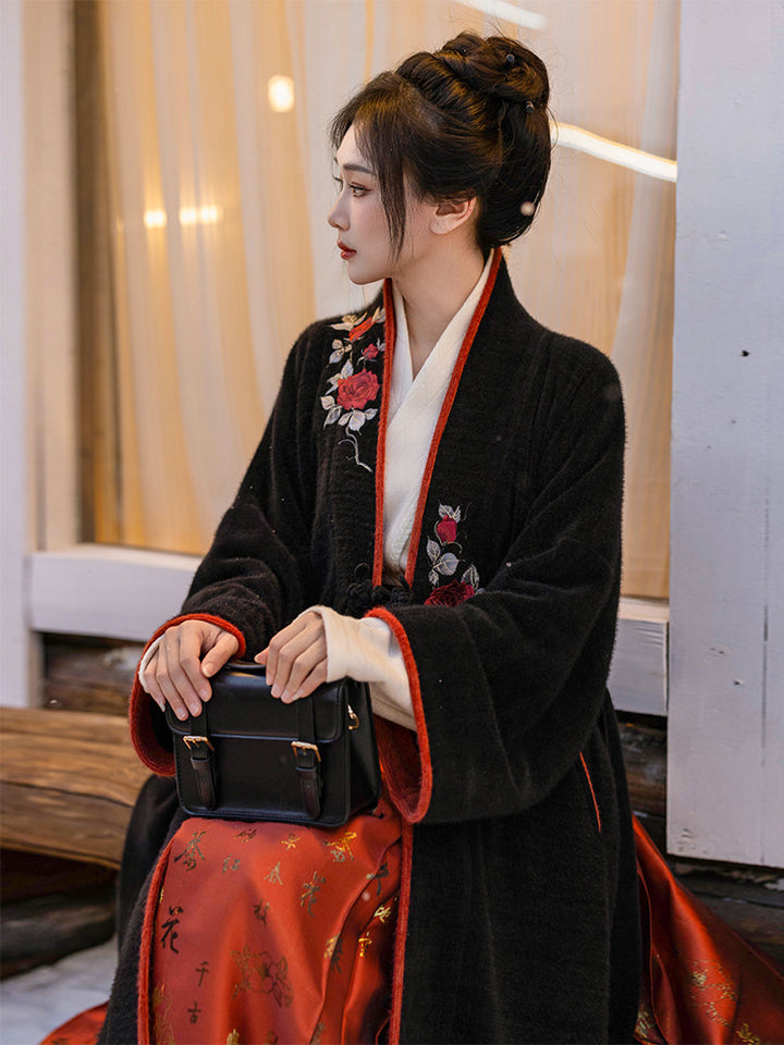 Dreaming Winter Cinnabar Beauty Mark Original Hanfu Song-Style Cross-Collar Long Jacket, Knit Batwing Sleeves, Faux Brocade & Kingfisher-Feather Mamian Skirt