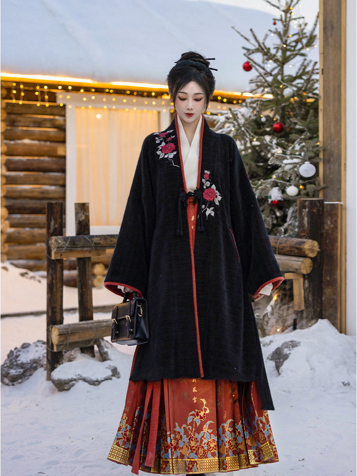 Dreaming Winter Cinnabar Beauty Mark Original Hanfu Song-Style Cross-Collar Long Jacket, Knit Batwing Sleeves, Faux Brocade & Kingfisher-Feather Mamian Skirt