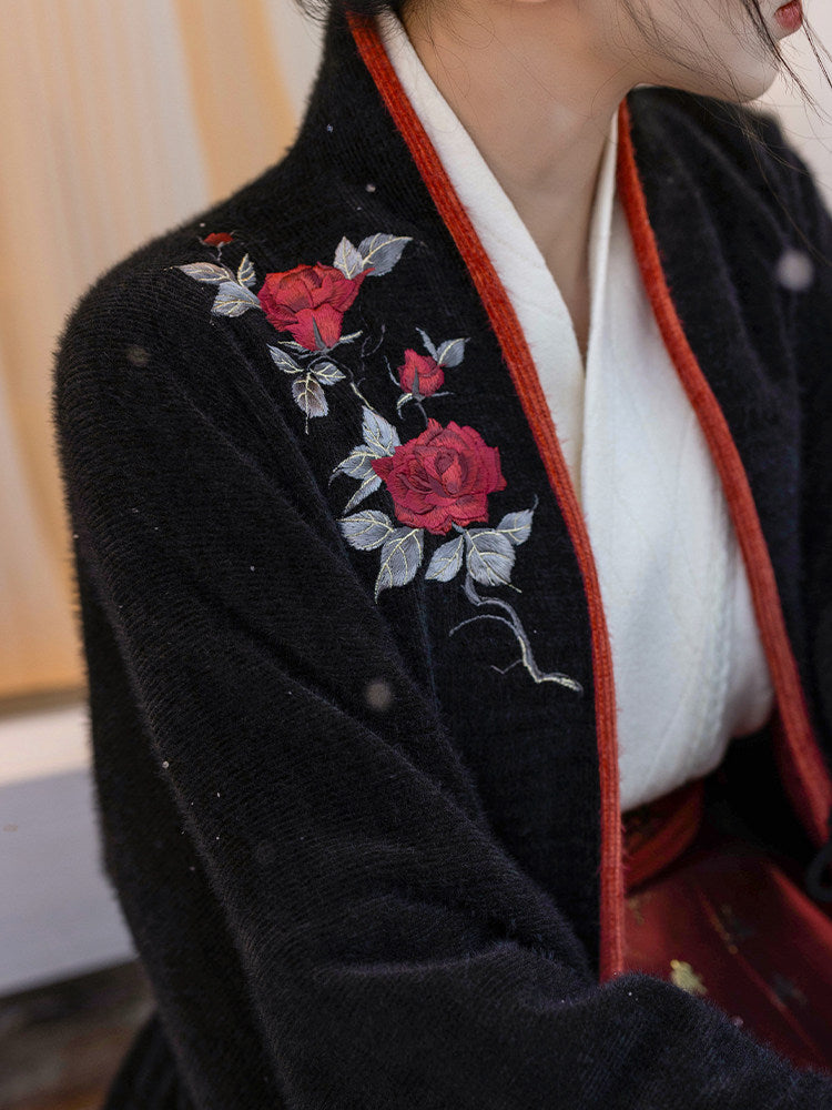 Dreaming Winter Cinnabar Beauty Mark Original Hanfu Song-Style Cross-Collar Long Jacket, Knit Batwing Sleeves, Faux Brocade & Kingfisher-Feather Mamian Skirt