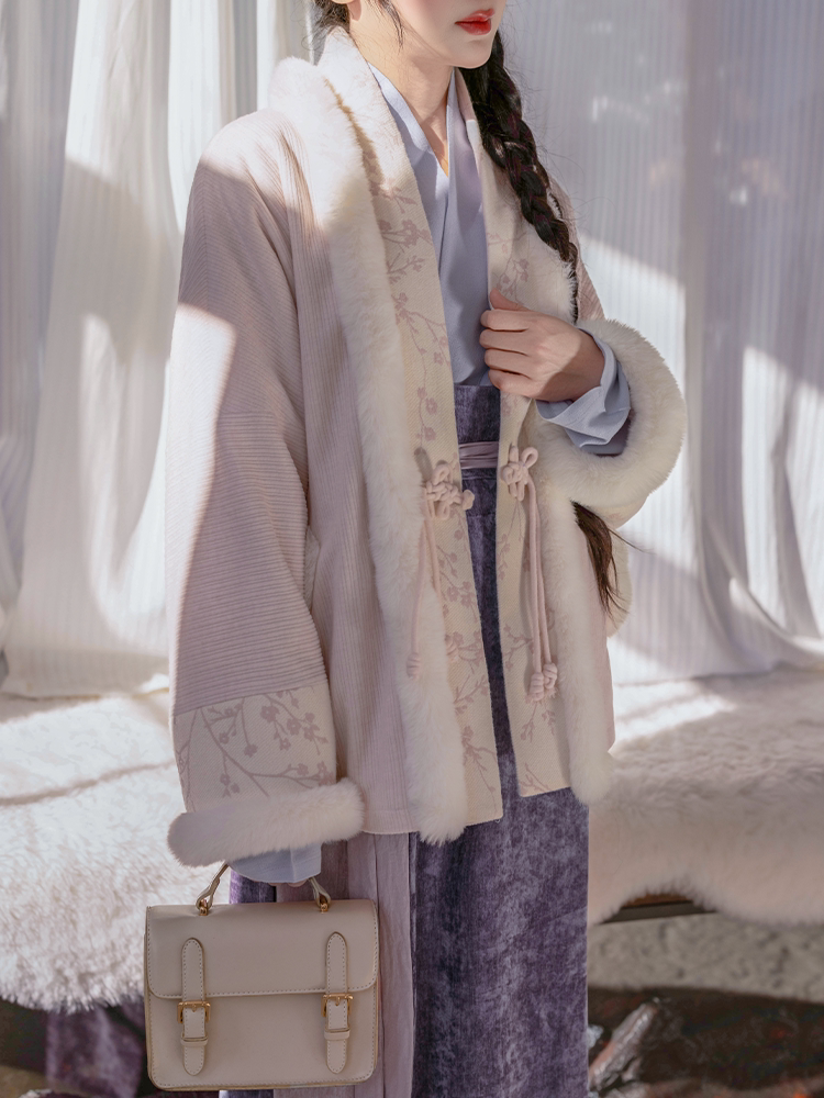 Nimeng Miaomiao Improved Batwing Sleeve Song-Style Spun Skirt Knit Hanfu, Fleece-Lined, Pink-Purple, Fall/Winter Daily Wear