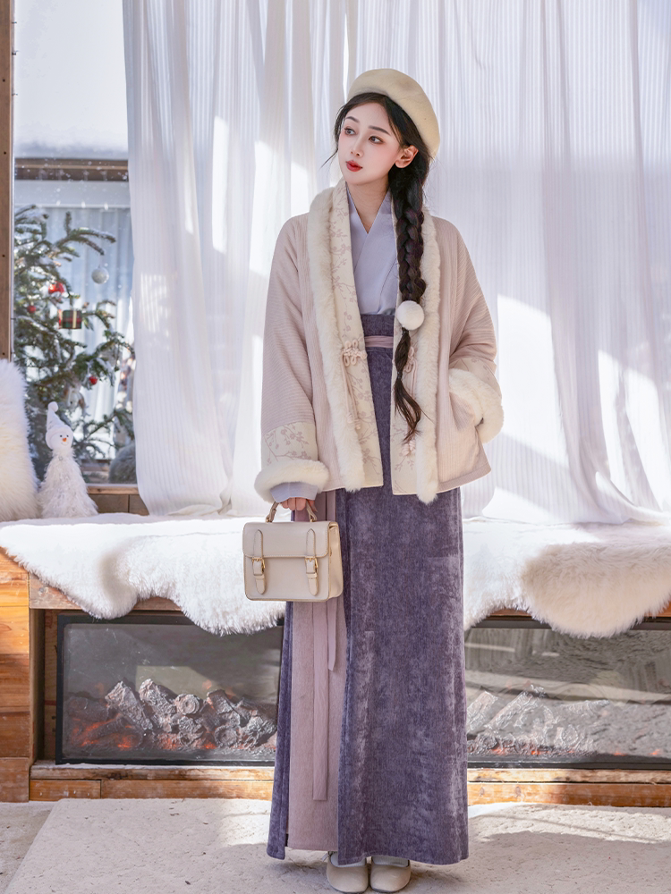 Nimeng Miaomiao Improved Batwing Sleeve Song-Style Spun Skirt Knit Hanfu, Fleece-Lined, Pink-Purple, Fall/Winter Daily Wear