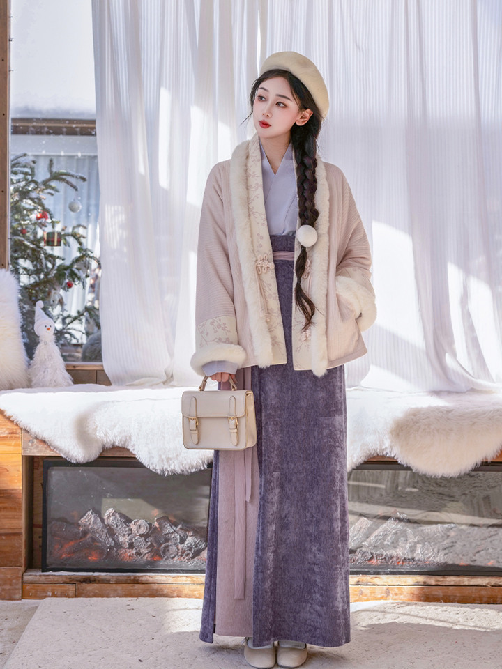 Nimeng Miaomiao Improved Batwing Sleeve Song-Style Spun Skirt Knit Hanfu, Fleece-Lined, Pink-Purple, Fall/Winter Daily Wear