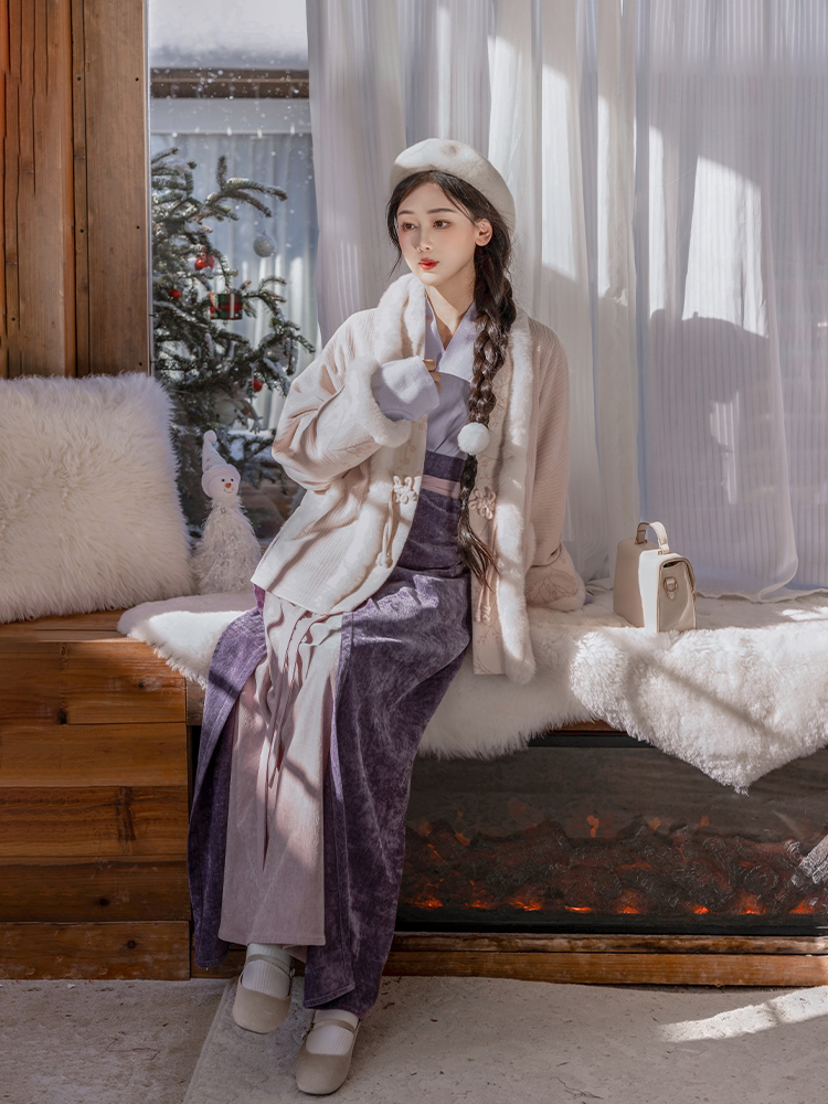 Nimeng Miaomiao Improved Batwing Sleeve Song-Style Spun Skirt Knit Hanfu, Fleece-Lined, Pink-Purple, Fall/Winter Daily Wear
