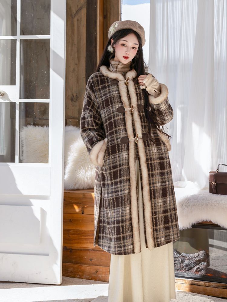 Dreamlike Black Sugar Half-Sleeve Ming-Style Round-Neck Long Jacket & Song-Style Pants, Fleece-Lined Wool Blend, Fall/Winter, Everyday & Workwear, Plaid Pockets
