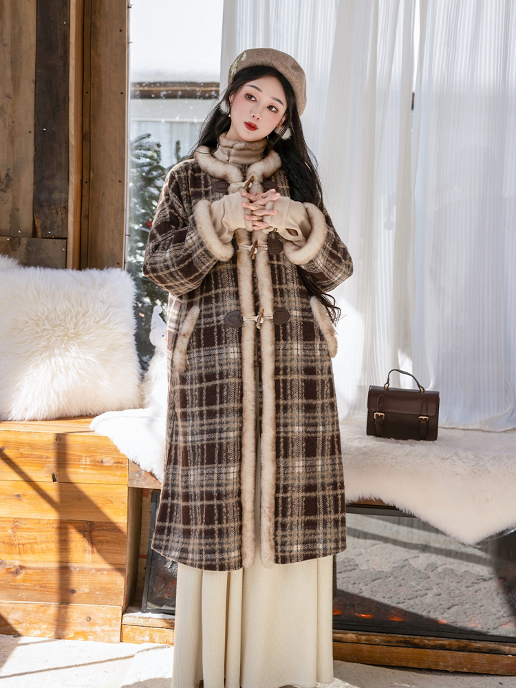 Dreamlike Black Sugar Half-Sleeve Ming-Style Round-Neck Long Jacket & Song-Style Pants, Fleece-Lined Wool Blend, Fall/Winter, Everyday & Workwear, Plaid Pockets
