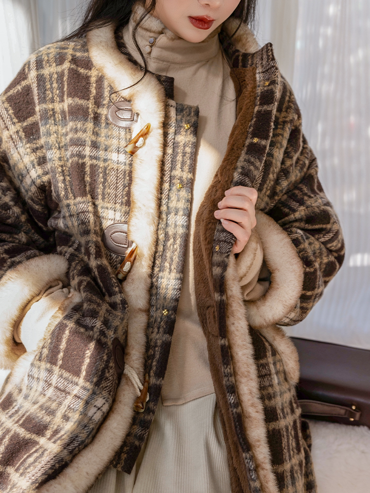 Dreamlike Black Sugar Half-Sleeve Ming-Style Round-Neck Long Jacket & Song-Style Pants, Fleece-Lined Wool Blend, Fall/Winter, Everyday & Workwear, Plaid Pockets