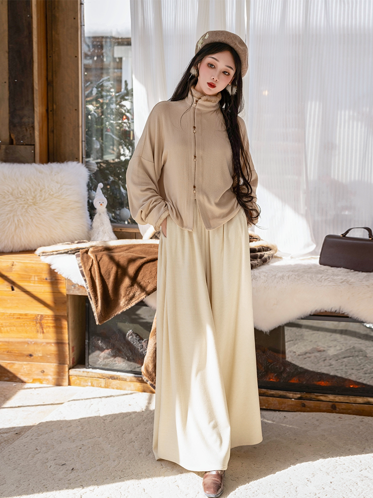 Dreamlike Black Sugar Half-Sleeve Ming-Style Round-Neck Long Jacket & Song-Style Pants, Fleece-Lined Wool Blend, Fall/Winter, Everyday & Workwear, Plaid Pockets